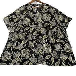Catherines Top Womens Size 3X Mandala Floral Black Yellow Short Sleeve